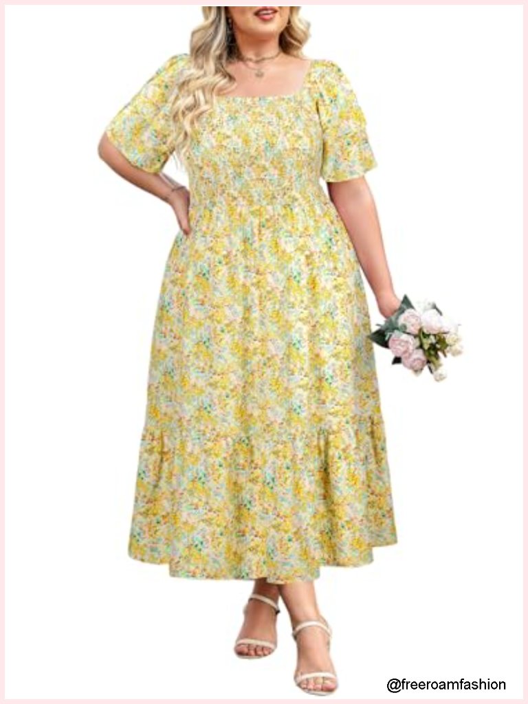 Plus Size Midi Floral Dress With Pockets Ruffle Sleeves Square Neck Smocked